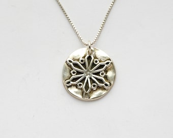 Handmade Fine Silver Snowflake Medallion: Oxidized Star Flower Charm, Optional Sterling Chain