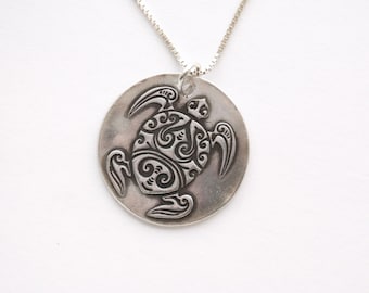 Fine Silver Sea Turtle Pendant: Antiqued Medallion, Sterling Silver Chain Option
