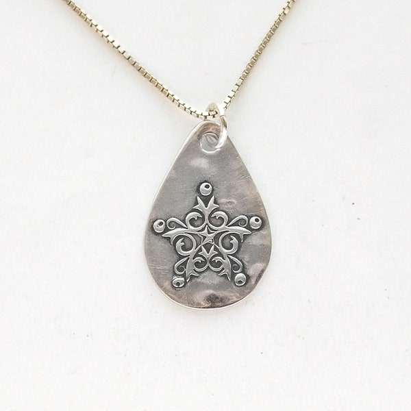 Women's Necklace, Small silver .99FS pendant, sterling silver chain, length options, fine silver handmade charm, slim, star snowflake