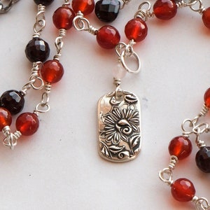 Stones and Sterling Silver Necklace, garnet and carnelian with individually handmade fine silver drop, double strand, steel clasp and chain