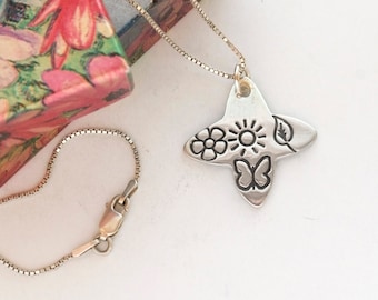 Handmade Fine Silver Necklace: Flower, Sun, Butterfly, Star Cross style