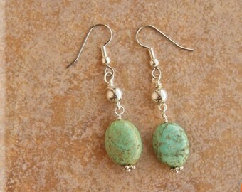 Turquoise stone and silver Dangle earrings on surgical steel ear wires, sterling silver accents