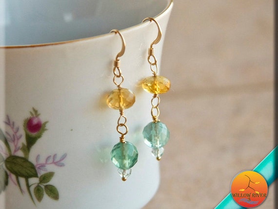 Women's Dangle Earring, Rainbow Fluorite and Citrine Earrings, A Grade Fluorite, Delicate ear wire