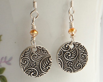 Handmade Fine Silver Fern Earrings: Sterling Silver Wires, Crystal Accent