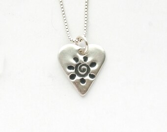 Fine Silver Sun Heart Necklace, Sterling Chain, Handmade, hand shaped heart shape in fine silver