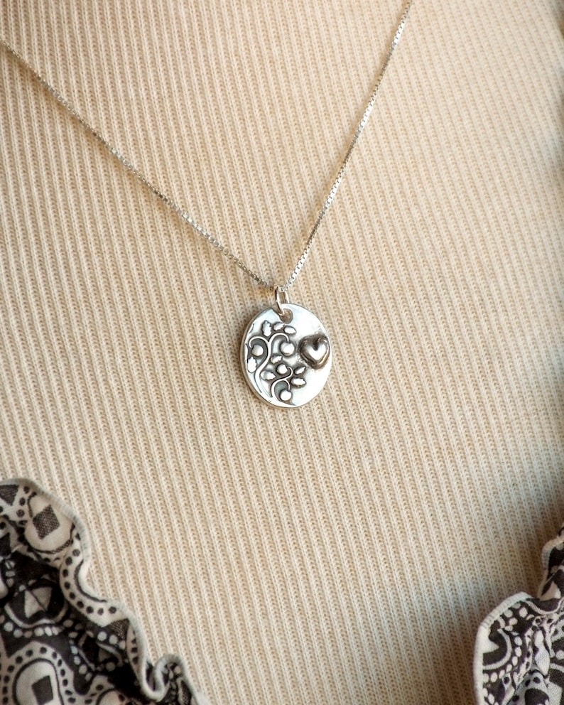 Silver Petite Raised heart charm handmade fine silver slim small charm sterling chain wlength options Compassionate Nature Necklace