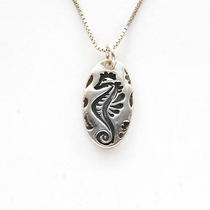 Tiny Silver Seahorse, Small oval charm, optional slim sterling silver chain, oxidized, see photos, rustic, entirely handmade fine silver