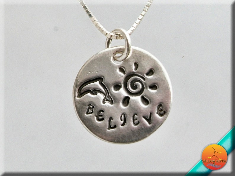 Believe with Dolphins silver necklace small handmade fine silver dolphin charm on sterling chain with length options