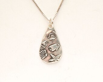 Swimming Fish medallion, Silver, handmade small teardrop .99FS, sterling chain, oxidized, see all photos