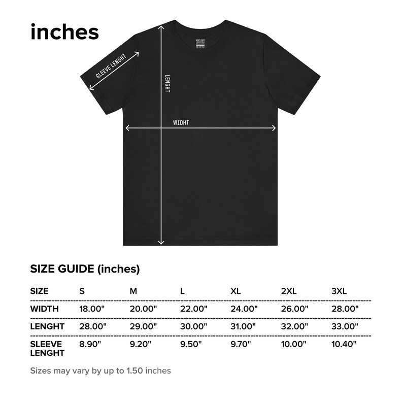 Pu&ograve; includere: Tabella delle taglie per una t-shirt dalle taglie S a 3XL. La tabella mostra le misure in pollici per larghezza, lunghezza e lunghezza della manica.