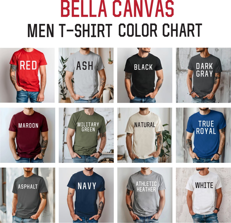 Pu&ograve; includere: Tabella colori per t-shirt da uomo, che mostra 12 colori diversi, tra cui rosso, cenere, nero, grigio scuro, bordeaux, verde militare, naturale, blu vero, asfalto, blu navy, grigio melange e bianco.