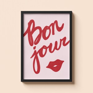 Bonjour French Poster – Red Lips Wall Art | Romantic French Quote Poster | Digital Download