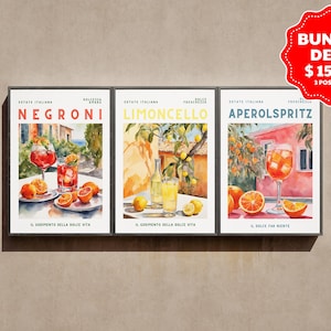 Set de pósteres de cócteles italianos: 3 impresiones de bebidas de inspiración vintage: Negroni, Limoncello, Aperol Spritz. Arte mural para barra de cocina. Descarga digital.