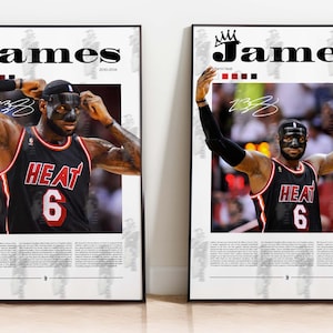 May include: Two black and white posters with a basketball player wearing a black jersey with red accents. The jersey has the text "HEAT" and the number "6" on the front. The player is wearing a black face mask. The posters have the text "James" at the top and the text "2010-2014" at the bottom.