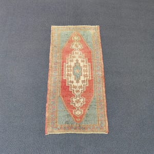 2x4 Rug,Pale Red Pale Blue Rug,Turkish Vintage Rug,Oushak Small Carpet, Handmade Wool Rug, Doormat Rug, Entryway Rug,Bathroom Rug,1.8x3.7 Ft