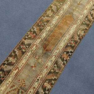 Tapis de couloir vintage turc patchwork 2x7, vert olive et beige discrets, 2x7,5 pi