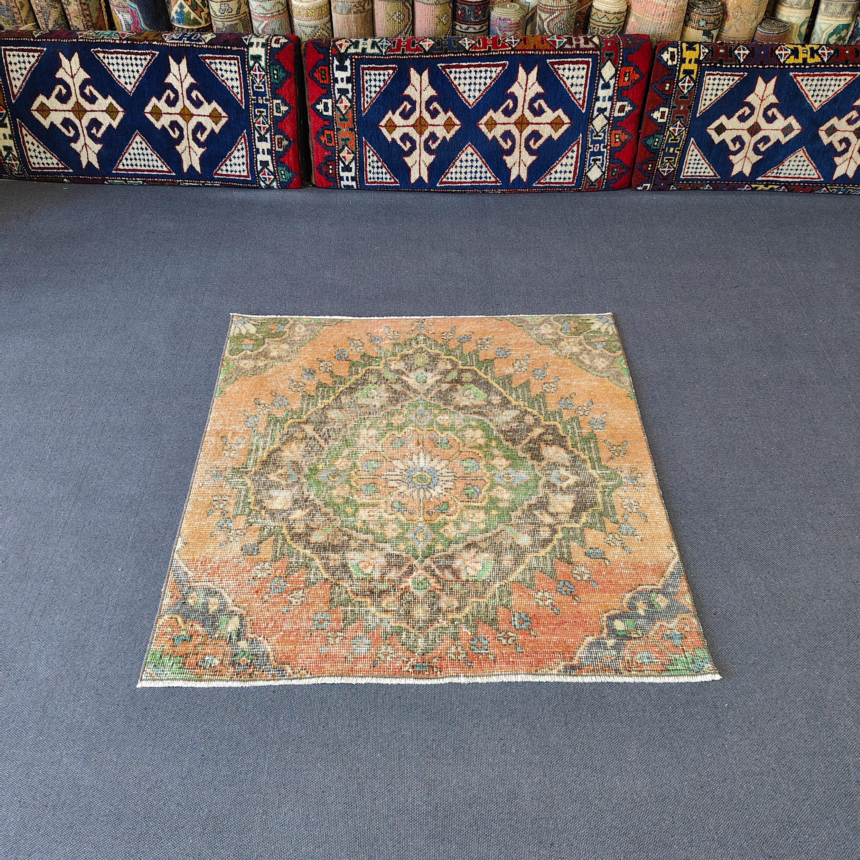 3x3 Rugs, Handwoven Wool Square Rug: Vintage Antique Turkish Carpet, 3 ...