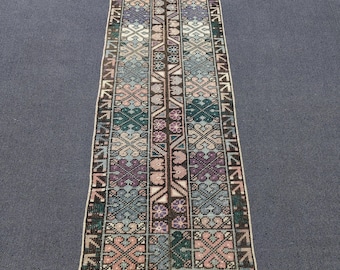 Vintage Turkish Patchwork Runner Rug 1.5x5.8 Ft: Handwoven Wool Hallway Rug