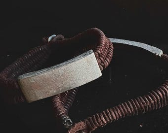 Men's Brown Leather Bracelet adjustable cord with metal bar