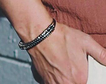 Men's Silver Bracelet Woven Cuff metal bangle rustic adjustable