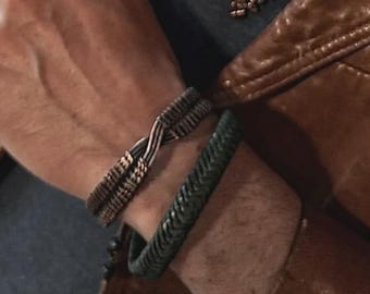 Men's green braided leather bracelet adjustable genuine leather wristband handmade
