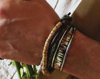 Mens Bracelet Beaded Boho Layered Handcrafted multi strand leather wood