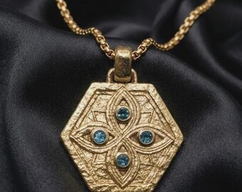 Solid 18k Gold Ethiopian Shield Pendant, Men's Protection Amulet, Sapphire Talisman, African Amulet, Healing Talisman, Meaningful Heirloom
