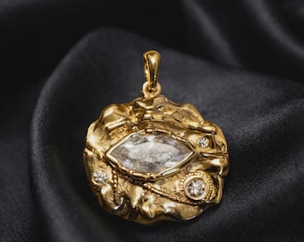 Solid 18k Gold Eye of Horus Pendant, Marquise Lab Diamond Wadjet Amulet