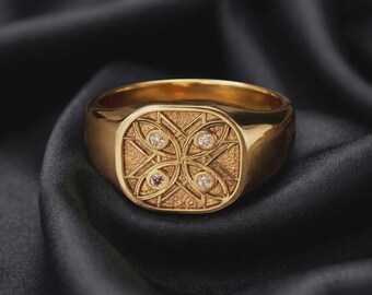 18k Gold Ethiopian Signet Ring, Mens Shield Talisman, Archangel Wings, African Protection Jewelry, Healing Scroll Talisman, Heirloom Gift