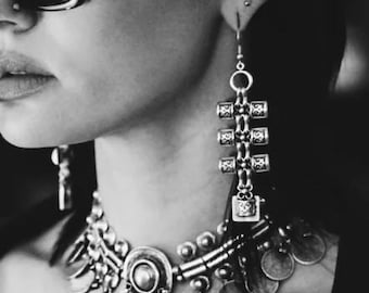 Womens earrings antique silver tribal dangle earrings boho statement