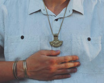 Men's Gold Tone Pendant Nepalese Protection amulet Gold brass shield necklace