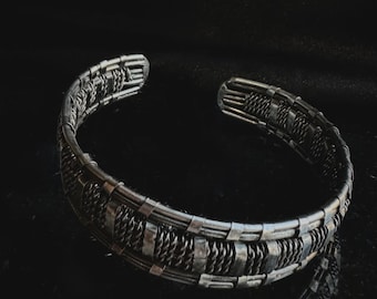 Mens Silver Bracelet Rugged handcrafted woven metal bangle handmade jewelry