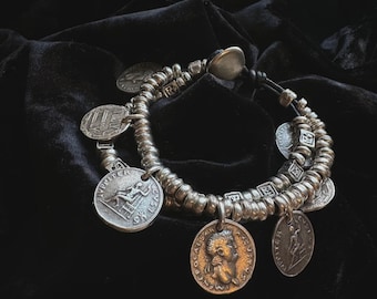 Women's bracelet ancient layered silver coin charm rustic