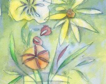 Flowers in Vase Original Painting Abstract Watercolor