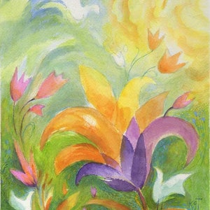 Tulips & Birds Original Painting - Watercolor 2 Abstract art