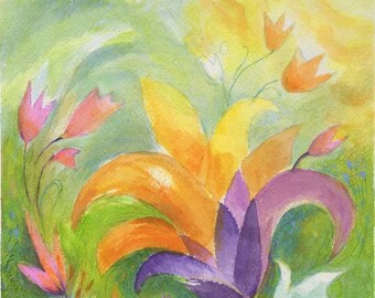 Tulips & Birds Original Painting - Watercolor 2 Abstract art
