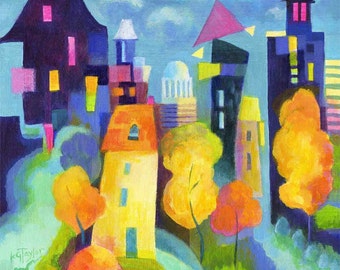 Whimsical Jazz Abstract Cityscape Painting