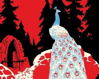 Peacock Feather Print, Castle Ruins, Forest Fairytale - Giclee Print