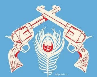 Old West Pistols Print, Skull and Peacock Feather, Death - 5x7 giclee print