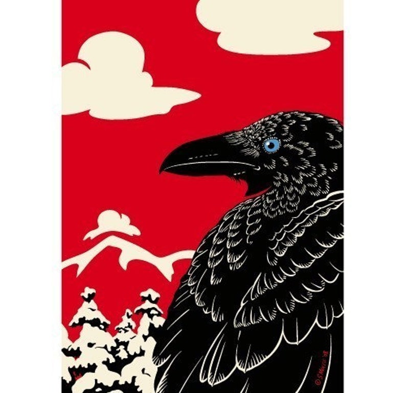 Raven Crow Print, Bird Art, Winter Landscape, Faitytale Art Giclee Print image 3