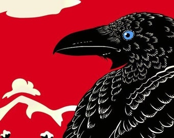 Raven Crow Print, Bird Art, Winter Landscape, Faitytale Art - Giclee Print