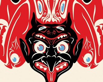 Devil Krampus Print, Totem Art, Graphic Design, Giclee Print 5"x7"