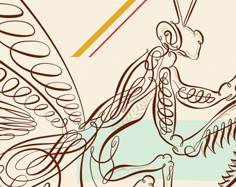 Impresión de Mantis orante, arte caligráfico, arte de insectos, flor, caligrafía - impresión giclee grande
