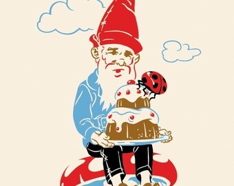 Gnome Mushroom Print, Cake, Ladybug, Fairytale art - Giclee Print