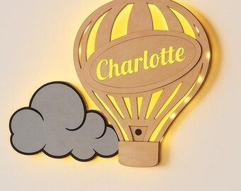 Hot Air Balloon Night Light – Custom Name LED Wooden Wall Lamp – Dreamy Nursery Decor