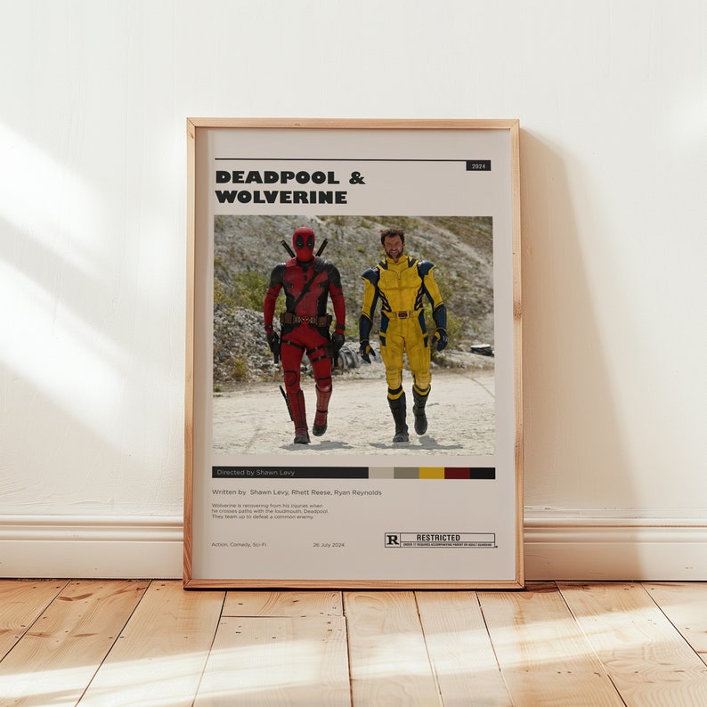 Dynamic and vibrant art print of the Deadpool Wolverinemovie poster featuring Deadpool in his iconic red suit and Wolverine in his classic yellow and blue costume.