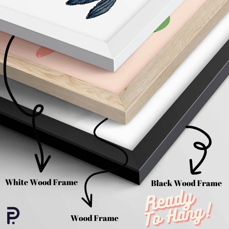 K&ouml;nnte beinhalten: Ein wei&szlig;er Holzrahmen, ein naturfarbener Holzrahmen und ein schwarzer Holzrahmen sind &uuml;bereinander gestapelt. Der Text "Ready To Hang!" ist in Rosa und Wei&szlig; auf schwarzem Hintergrund geschrieben.