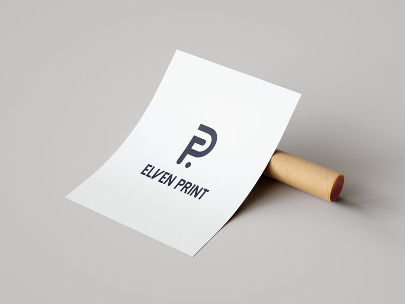 K&ouml;nnte beinhalten: Ein wei&szlig;es Blatt Papier mit einem schwarz-wei&szlig;en Logo, auf dem "Elven Print" steht und ein stilisierter Buchstabe "P" in der Mitte.