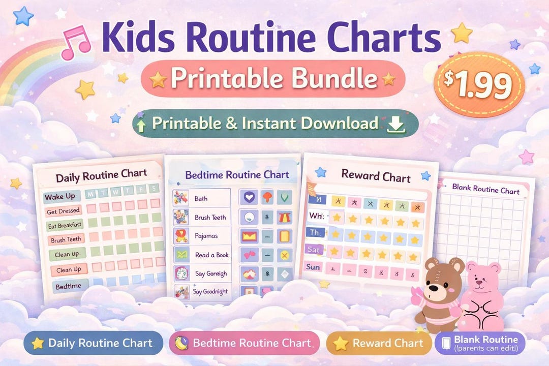 Kids Routine Charts Bundle | Daily, Bedtime, Reward (instant Download ...