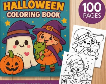 Może przedstawiać: Kolorowanka na Halloween z okładką przedstawiającą kreskówkowego ducha, czarownicę i dynię. Książka nosi tytuł "Halloween Coloring Book" i zawiera tekst "US Letter Size • 300 DPI".